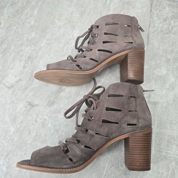 Vince Camuto Sandals Size 9 Taupe Suede Lace Up Gladiator Boho Chunky Block Heel - Picture 6 of 10
